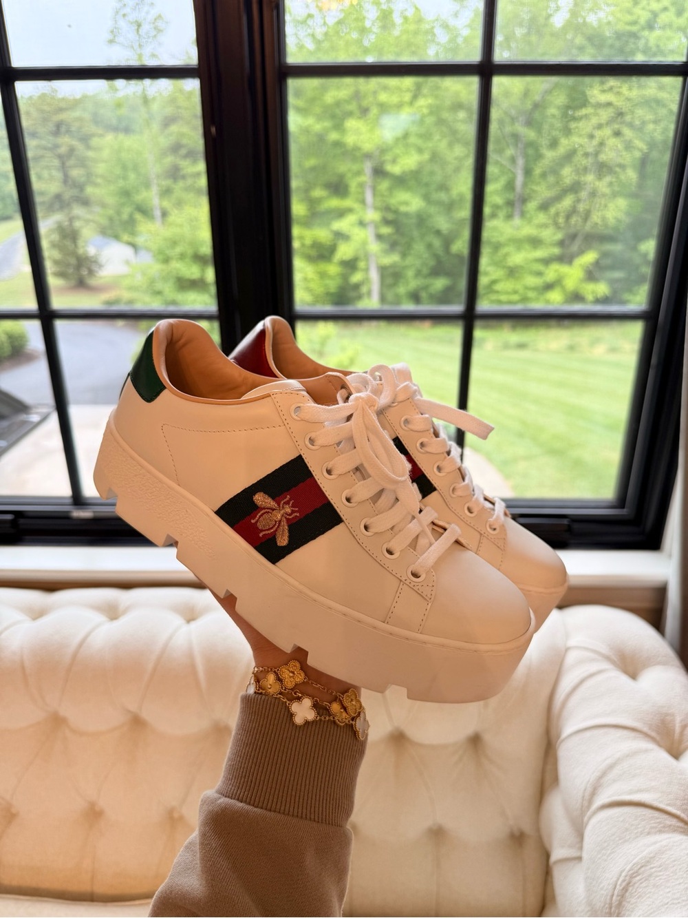 Gucci Ace White Leather Platform Sneakers with Red and Green Web Stripe and Bee - Picture 4 of 10